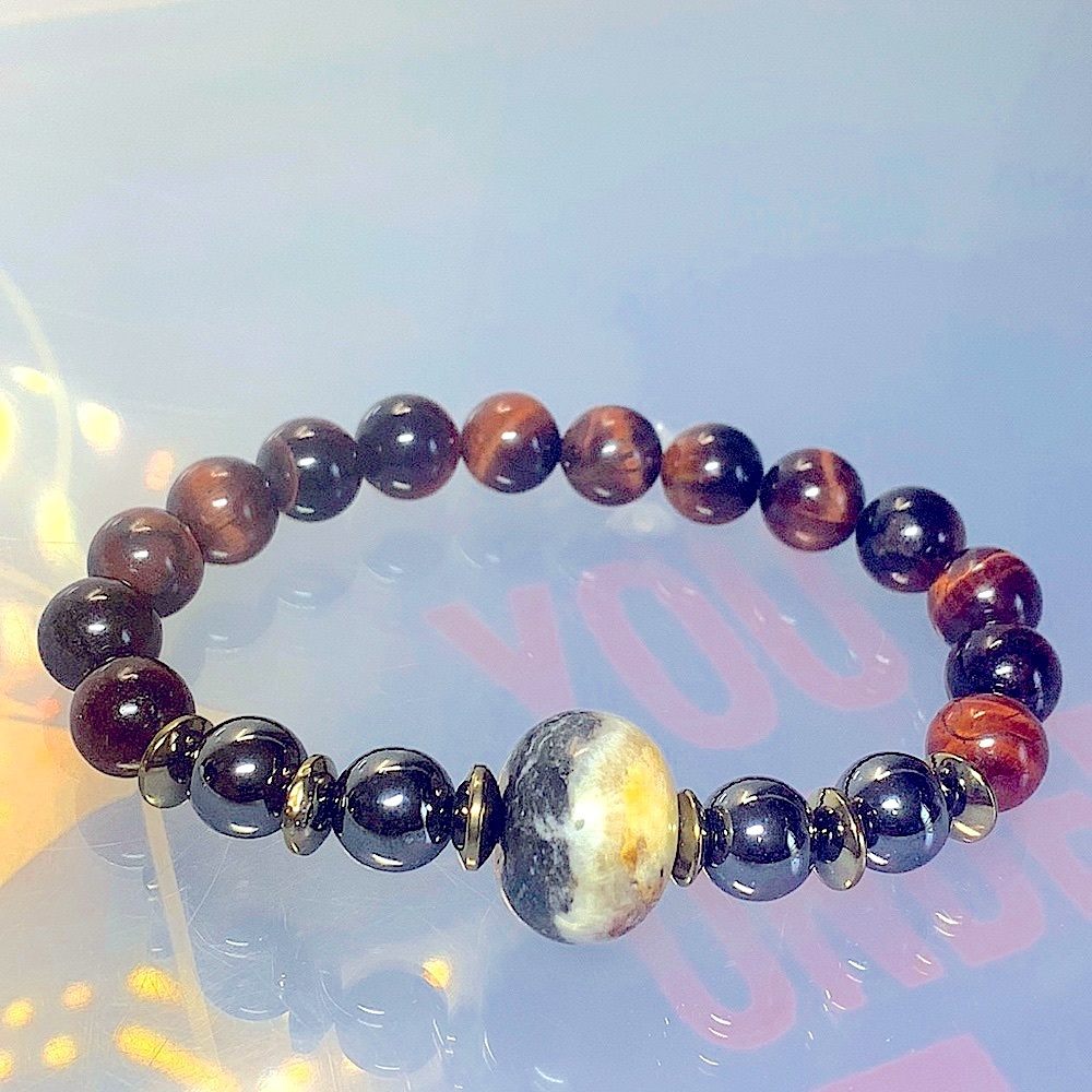 RED TIGERS EYE + HEMATITE NATURAL BRACELET size 7” UNISEX